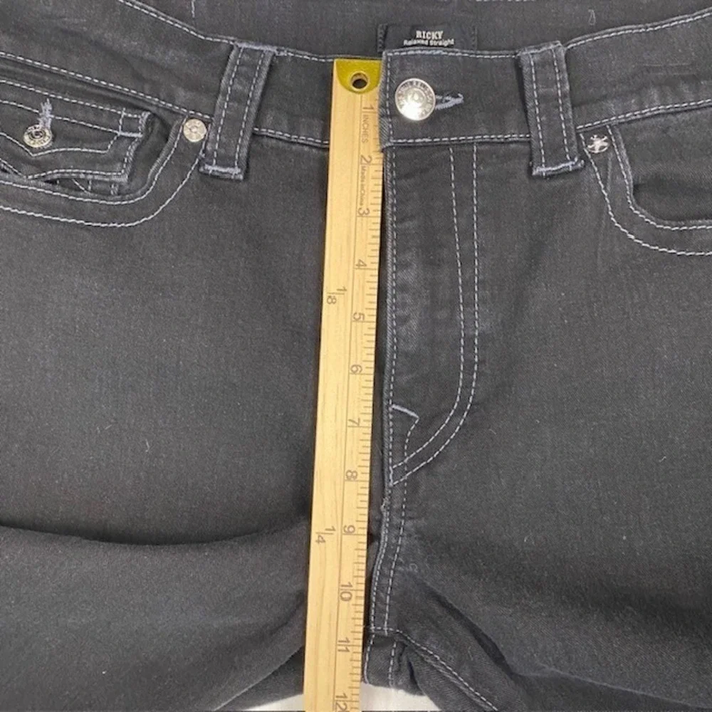 True Religion Ricky Relaxed Straight Black Jeans Mens 36 Contrast Stitch Flap SN